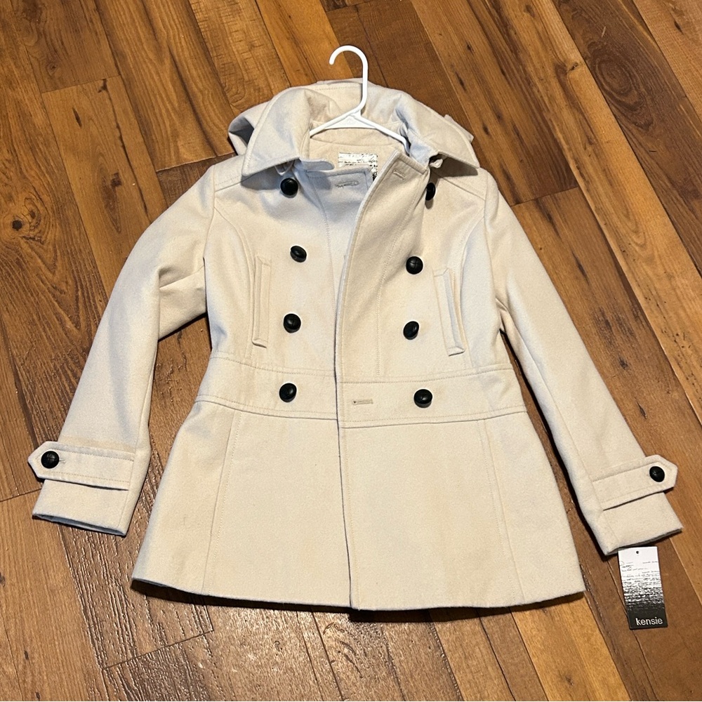 Kensie Women's Cream Pea Coat with Black Accents